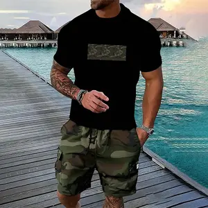 Two-Piece Set Men's Camo Print Crop Tee & Shorts, Regular Fit Casual Short Sleeve T-shirt & Camo Print Shorts, Men's Summer Outfits