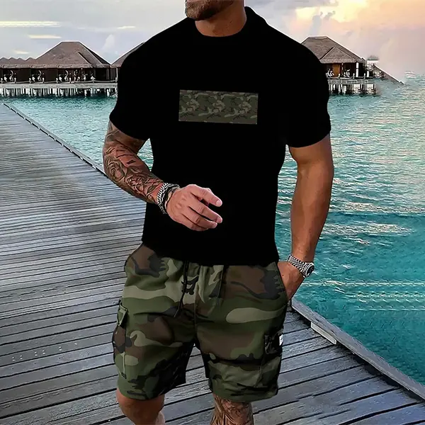 Two-Piece Set Men's Camo Print Crop Tee & Shorts, Regular Fit Casual Short Sleeve T-shirt & Camo Print Shorts, Men's Summer Outfits