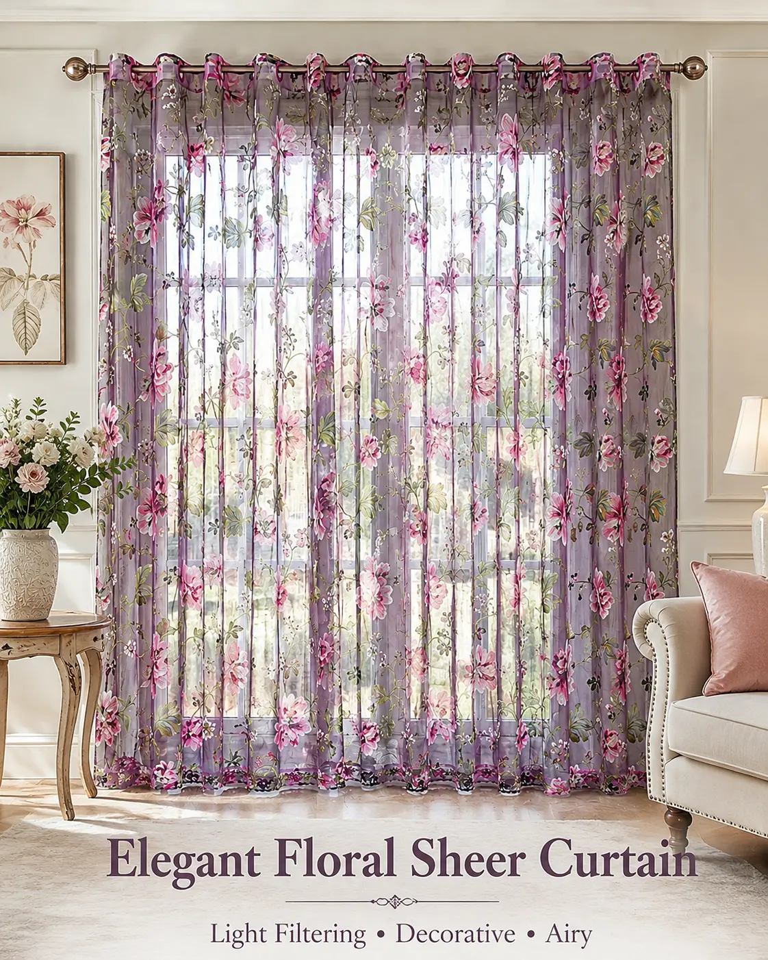 Vintage Floral Sheer Curtain Set (2-Piece) | Rustic Interior Decor | Elegant Rose-Embroidered Sheer Curtains/Door Curtains, Perfect for Living Rooms and Bedrooms—A Must-Have for Rental Homes, Halloween, and Christmas Decor