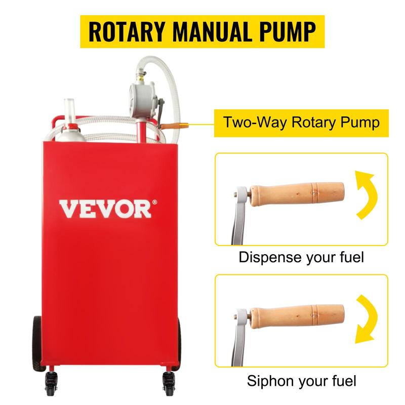 VEVOR Fuel Caddy, 35 Gallon, Gas Storage Tank on 4 Wheels, with Manuel Transfer Pump, Gasoline Diesel Fuel Container for Cars, Lawn Mowers, ATVs, Boats, More, Red Bottles Hand