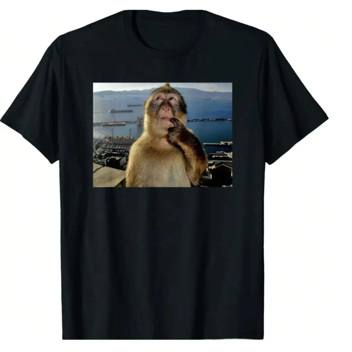 "Thinking Monkey Meme" American Retro Black Short-Sleeved Unisex T-Shirt, Hilarious Animal Graphic, Casual Streetwear for Comedy & Meme Enthusiasts,  Quirky Pop Culture Statement Piece funny crewneck menswear Shortsleeve Print