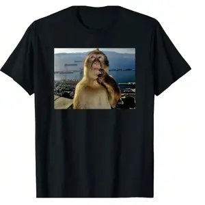 "Thinking Monkey Meme" American Retro Black Short-Sleeved Unisex T-Shirt, Hilarious Animal Graphic, Casual Streetwear for Comedy & Meme Enthusiasts,  Quirky Pop Culture Statement Piece funny crewneck menswear Shortsleeve Print