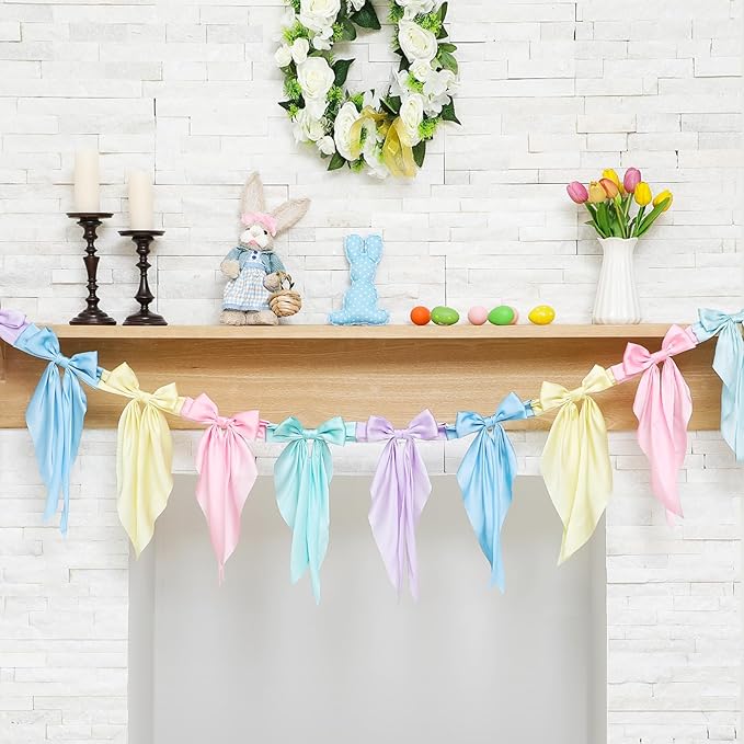 Easter Bow Garland Pastel Fluffy Tulle Satin Bow Banner Bunny Ear Plaid Pink Bow Garland Cute Hanging Wreath Garland for Mantle Fireplace Wall Door Mantel Decor, Spring Indoor Outdoor Home Table Backdrop Easter Decor 2026 Festive Party Supplies & Gifts