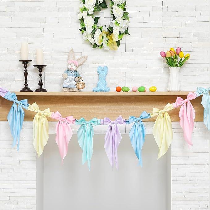 Easter Bow Garland Pastel Fluffy Tulle Satin Bow Banner Bunny Ear Plaid Pink Bow Garland Cute Hanging Wreath Garland for Mantle Fireplace Wall Door Mantel Decor, Spring Indoor Outdoor Home Table Backdrop Easter Decor 2026 Festive Party Supplies & Gifts