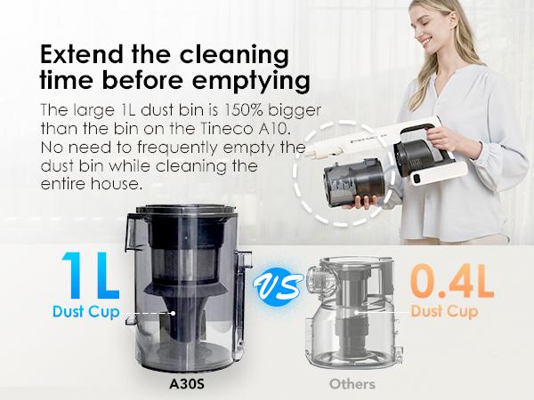 Tineco A30S Cordless Stick Vacuum Cleaner, 160W Powerful Suction, 60 Minutes Runtime, 1L Larger Dustbin, Rechargeable Lightweight and Versatile ZeroTangle Brush PureCyclone Tech LED Headlight
