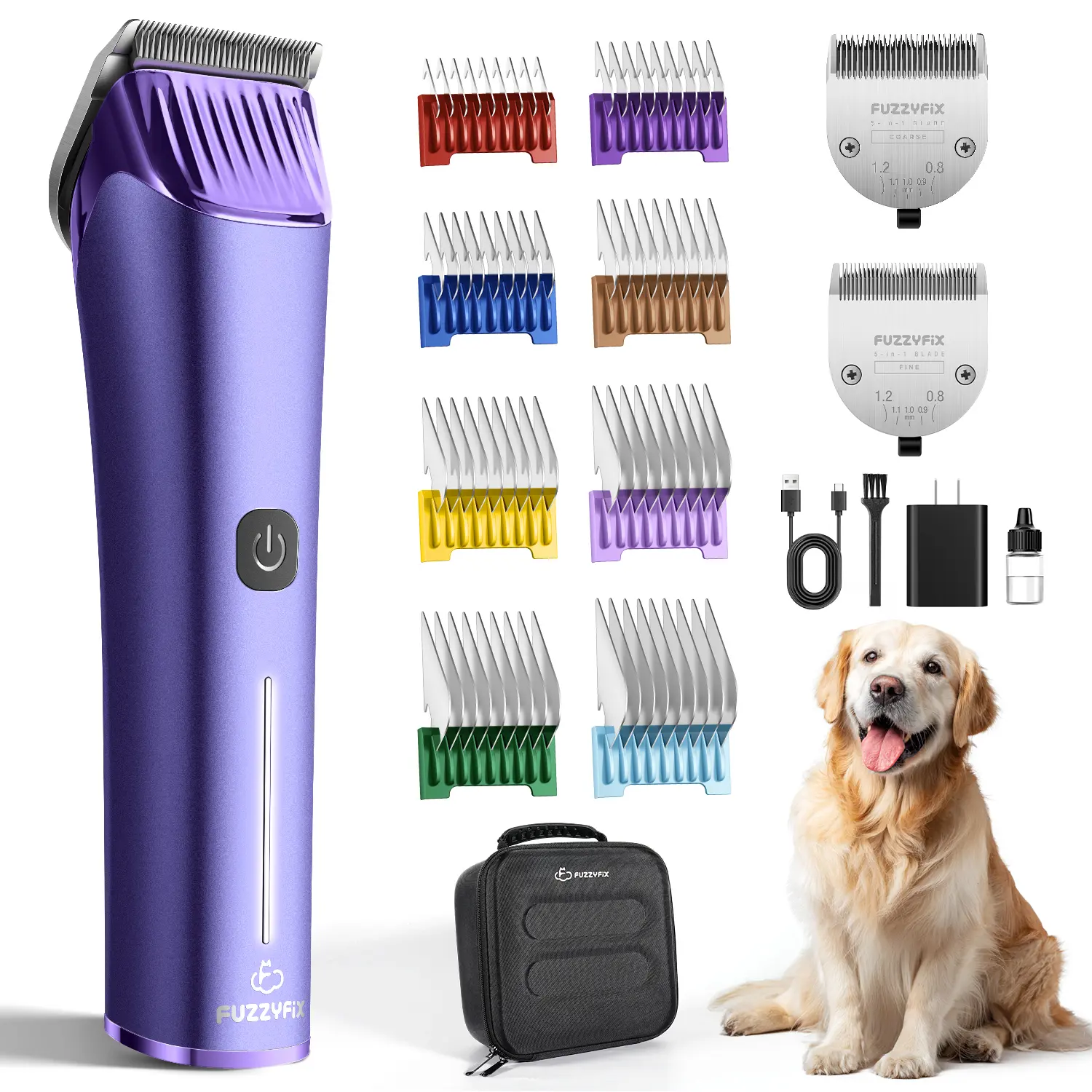 Fuzzyfix NOVA Professional Dog Grooming Clippers, Cordless Rechargeable Pet Grooming Kit with 5-in-1 Adjustable Blade, 2-Speed Dog Hair Trimmer and Metal Guide Combs for Dogs Cats Horses