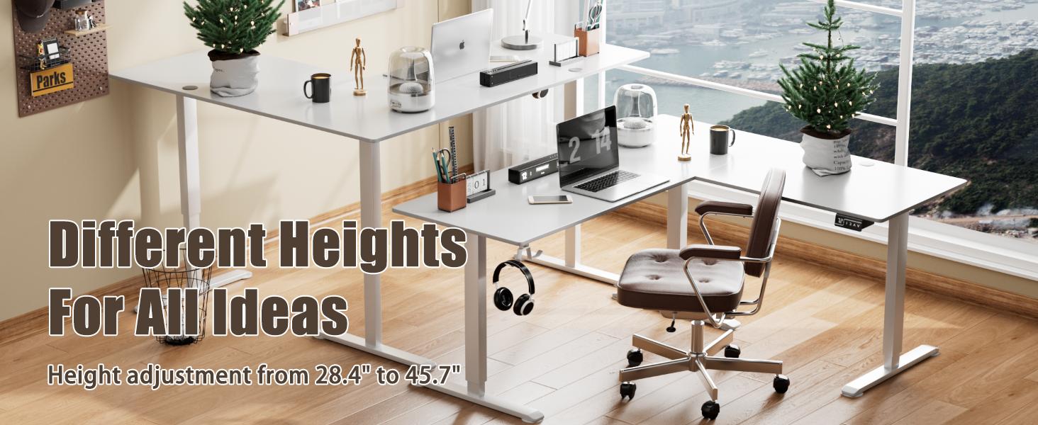 Furmax L Shaped Standing Desk Adjustable Corner Stand up Desk 63 x 55 Inch Electric Standing Computer Workstation with Preset Heights 63 x 55 Inch gaming desk Organized Headphone Hook