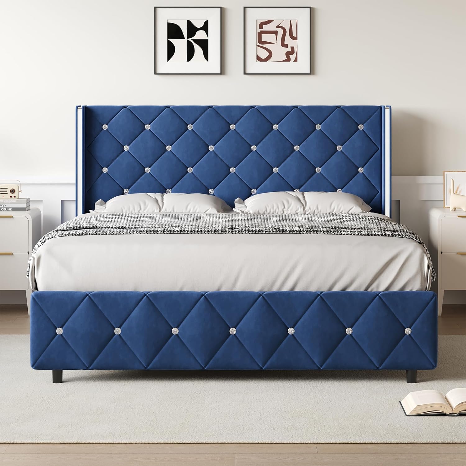 HOMBCK Bed Frame, No Mattress, Upholstered Platform Bed Frame with Wingback Diamond Tufted Headboard