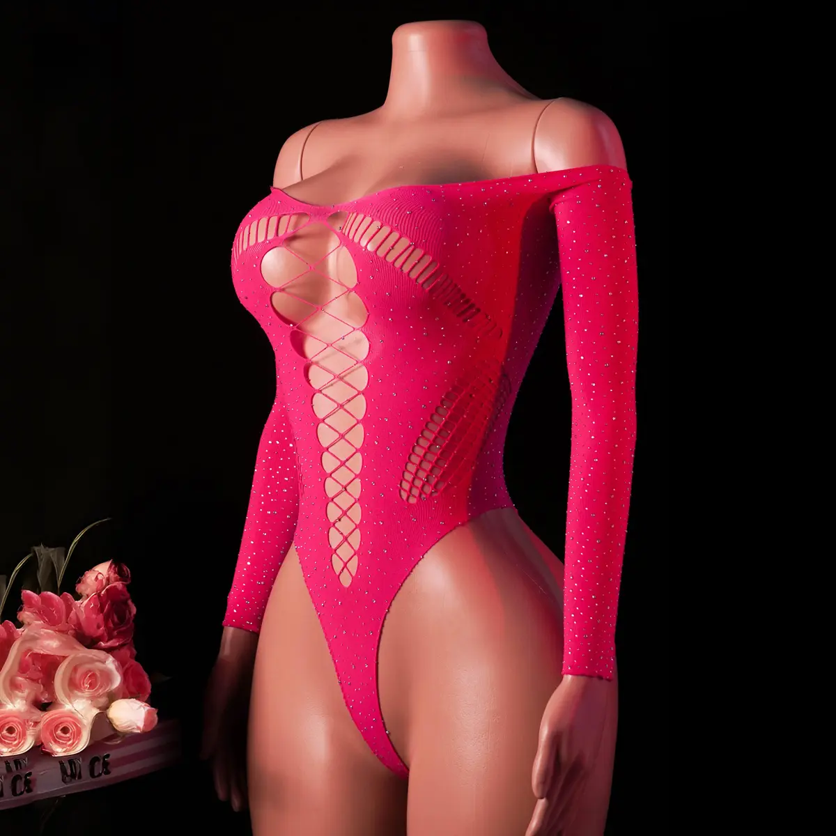 Women's Sheer Mesh Hot Pink Lace Bodysuit Long Sleeve Sexy High Neck Teddy  with Floral Cut-Out Design Nightwear for Anniversary Valentines or  Honeymoon Elegant Womenswear - TikTok Shop