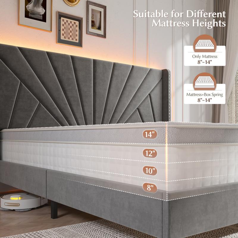 Raybee Full/ Queen/King Size Bed Frame with 51" Velvet Upholstered Headboard, up to 900 LBS ,Platform Bedframe with Charging Station and LED Lights, Wingback Headboard, No Box Spring Needed, Noise-Free[Black Friday]
