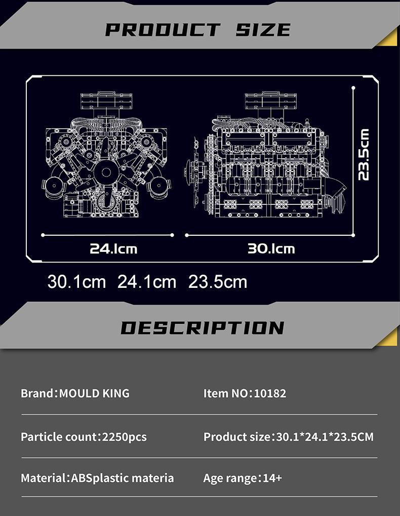 Mould King 10182 V8 Engine Double Turbo Eight Cylinder Green Model That Works Building Block Toy 2250 Pcs