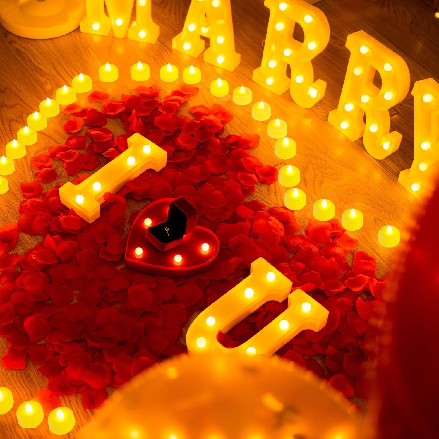 I Love U Light Up Letters Proposal Decorations with 24 Flameless Candles 1000 Red Rose Petals & 30 Red Balloons for Valentine's Day Wedding Romantic Night