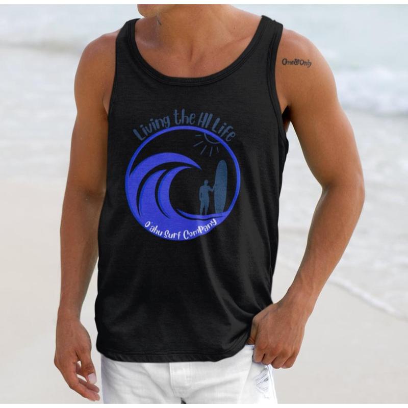 O'ahu Surf Company Men's Living the HI Life Hawaii - HI-Surf Tank Top, 100% Combed Cotton - Fabric Menswear Gym