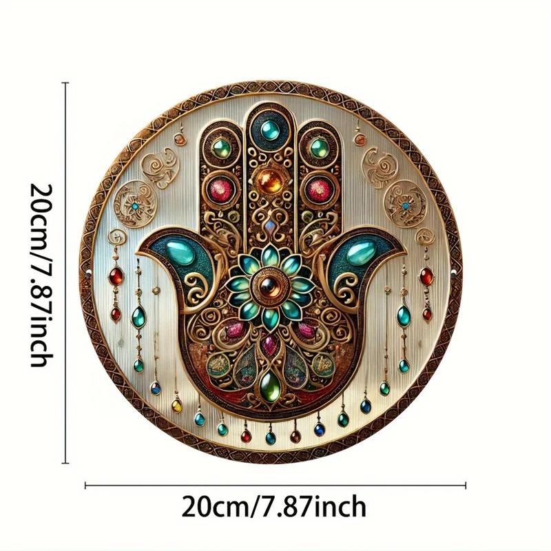 Support customization based on provided images Bohemian Religious Gem Hand Aluminum Sign - Multifunctional Round Decor, Perfect for Home, Garden, Porch & Living Room Wall Art