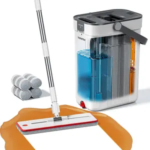 Mop and Bucket Set, Flat Mop and Bucket System with Separate Dirty and Clean Water, 3-Compartment Wall Cleaner Mop, Flat Mops for Floor Cleaning with 4 Microfiber Pads