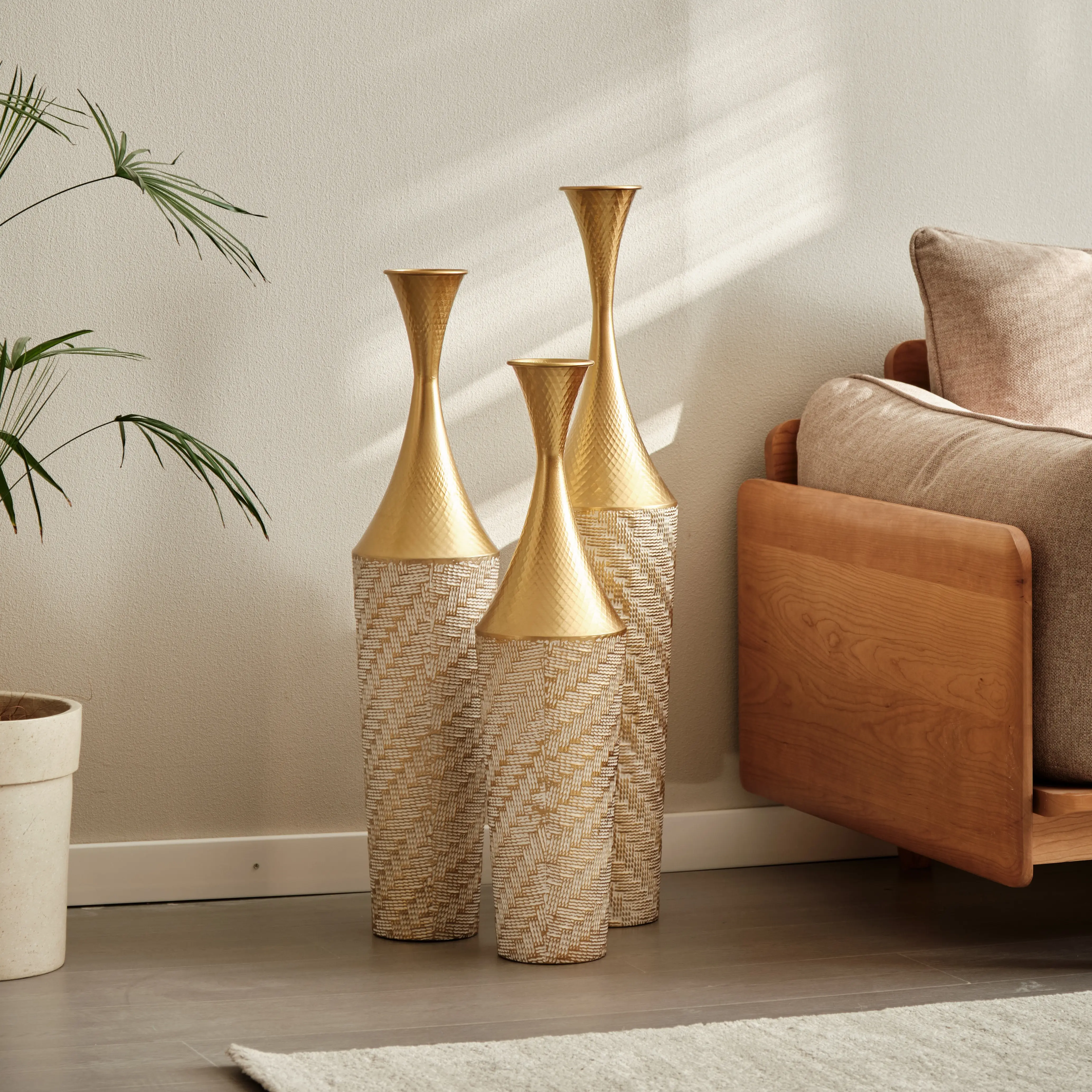 Summerwins 3-Piece Glossy Metal Home Decorative Vase Set - Gold & White Textured Tall Modern Handmade Hand-Painted Polished Pampas Grass Holder for Living Room Entryway, Ideal Housewarming Gift for Home Decoration, Three