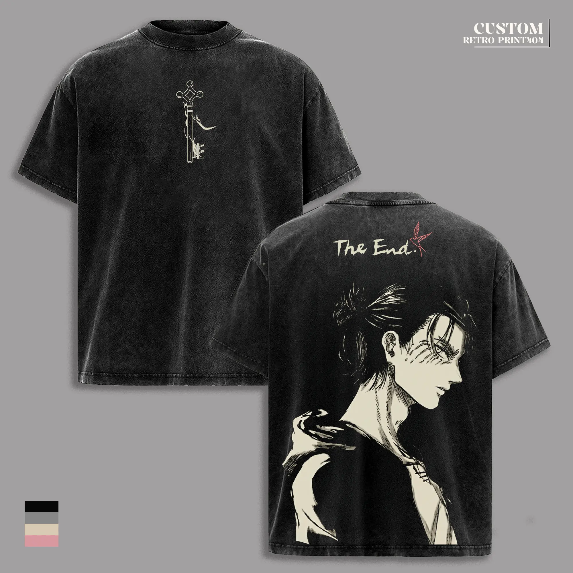 Eren Yeager Attack on Titan Vintage Washed Oversized T-Shirt & Hoodie – Anime Double Print Graphic, Heavyweight Cotton Dark Manga Aesthetic, Unisex Streetwear Fan Gift