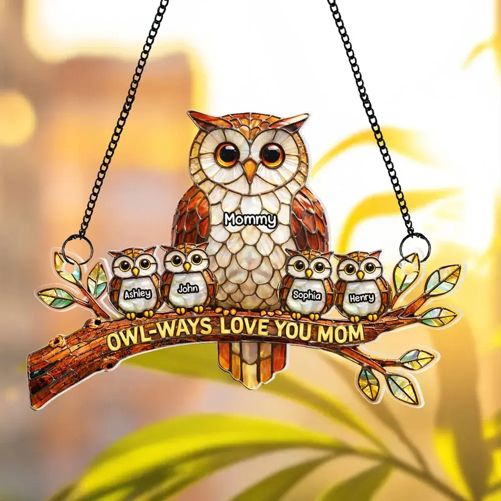Personalized Owl-Ways Love You Mom Grandma Gift, Mother Day Gift For Grandma Mom Nana, Custom Grand Kid Name, Stained Glass Suncatcher Ornament