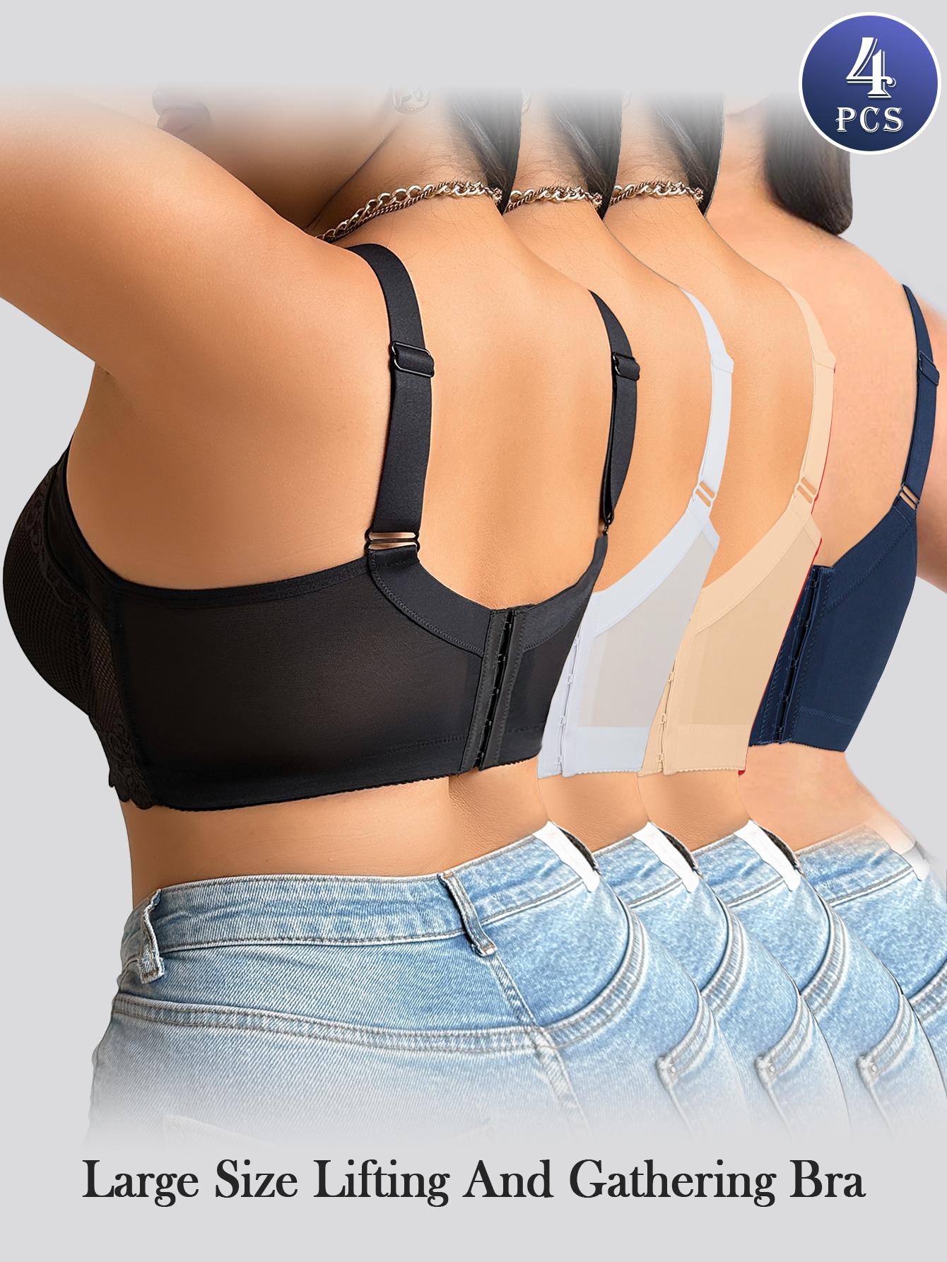 Plus Size  4-Pack Push-Up Jacquard Bras - Adjustable Straps and Underwire, Wide Straps for Everyday Comfort, Women's Underwear full coverage bra comfort Hide Back Fat Smoothing Bra Comfortable seamless pushup non wire Fit supportive Multicolor Lace