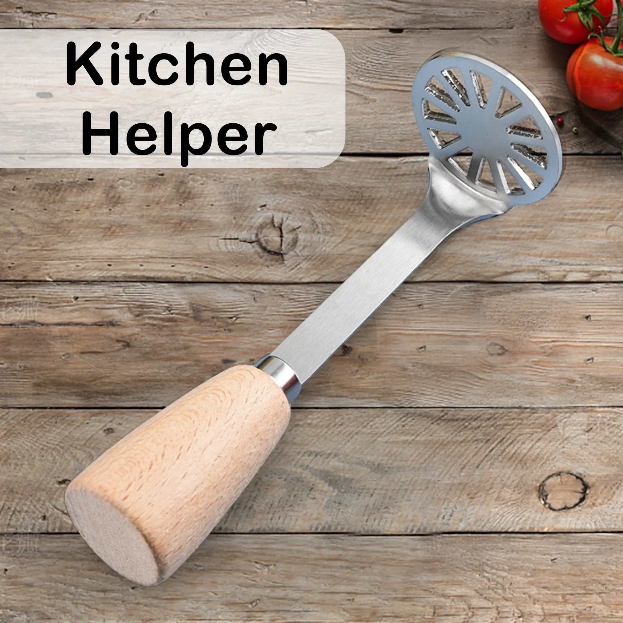 2 Counts Potato Masher, Stainless Steel Tool with Wood Non Slip Grip for Daily Kitchen Use