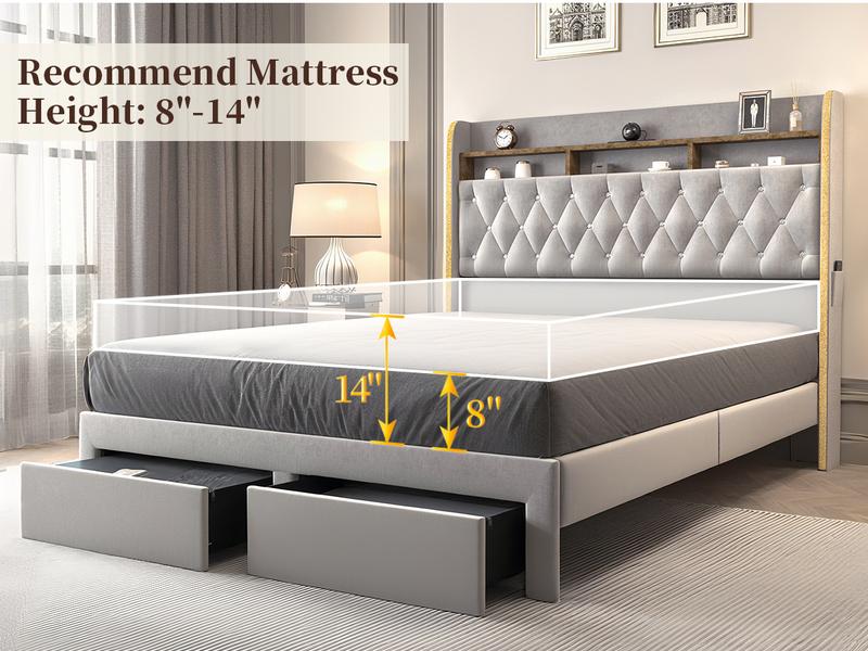 Queen LED Bed Frame with Storage Drawers Upholstered Platform Bed Galaxy Star Projector Charging Station Speaker Aurora Bedframe 2-Tier Storage Headboard Noise-Free PU Leather Velvet Funky Bedroom Furniture Queen LED Bed Frame with Storage Drawers Upholstered Platform Bed Galaxy Star Projector Charging Station Speaker Aurora Bedframe 2-Tier Storage Headboard Noise-Free PU Leather Velvet Funky Bedroom Furniture