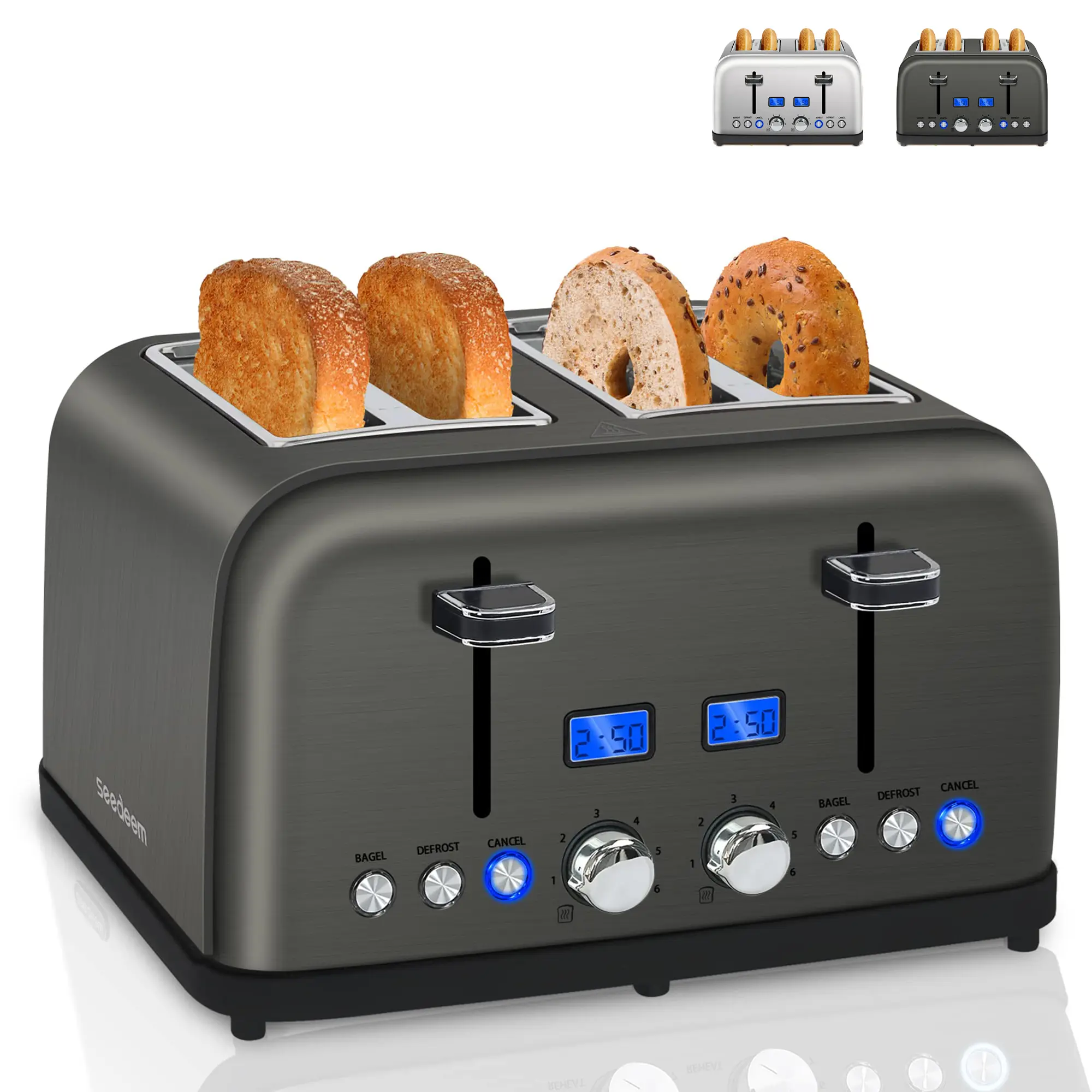 Toaster 4 Slice, LCD Display, 6 Shade Settings Stainless Toaster, 1.5'' Wide Slots, Digital Toaster for Bagel, Defrost, Reheat, Dual Control, Removable Crumb Tray, 1500W, Dark Metallic