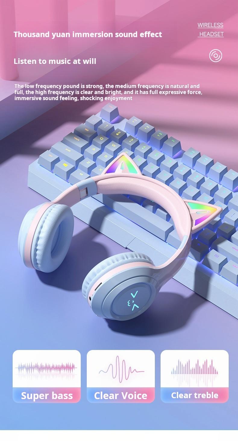 Wireless Bluetooth Cat Ear Headphones with Built in Microphone LED Light Up Foldable Over Ear Headphones for Phone Tablet iPad Laptop Computer Cute Gift for Kids Teens and Adults