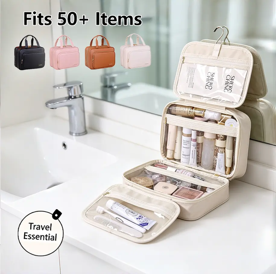 Mother’s Day gift, Hanging toiletry bag, waterproof PU leather makeup organizer with four compartments—a must-have for travel and bathroom storage. Available in pink, it’s perfect as a weekend getaway bag for cruise trips and makes a great gift for wives.