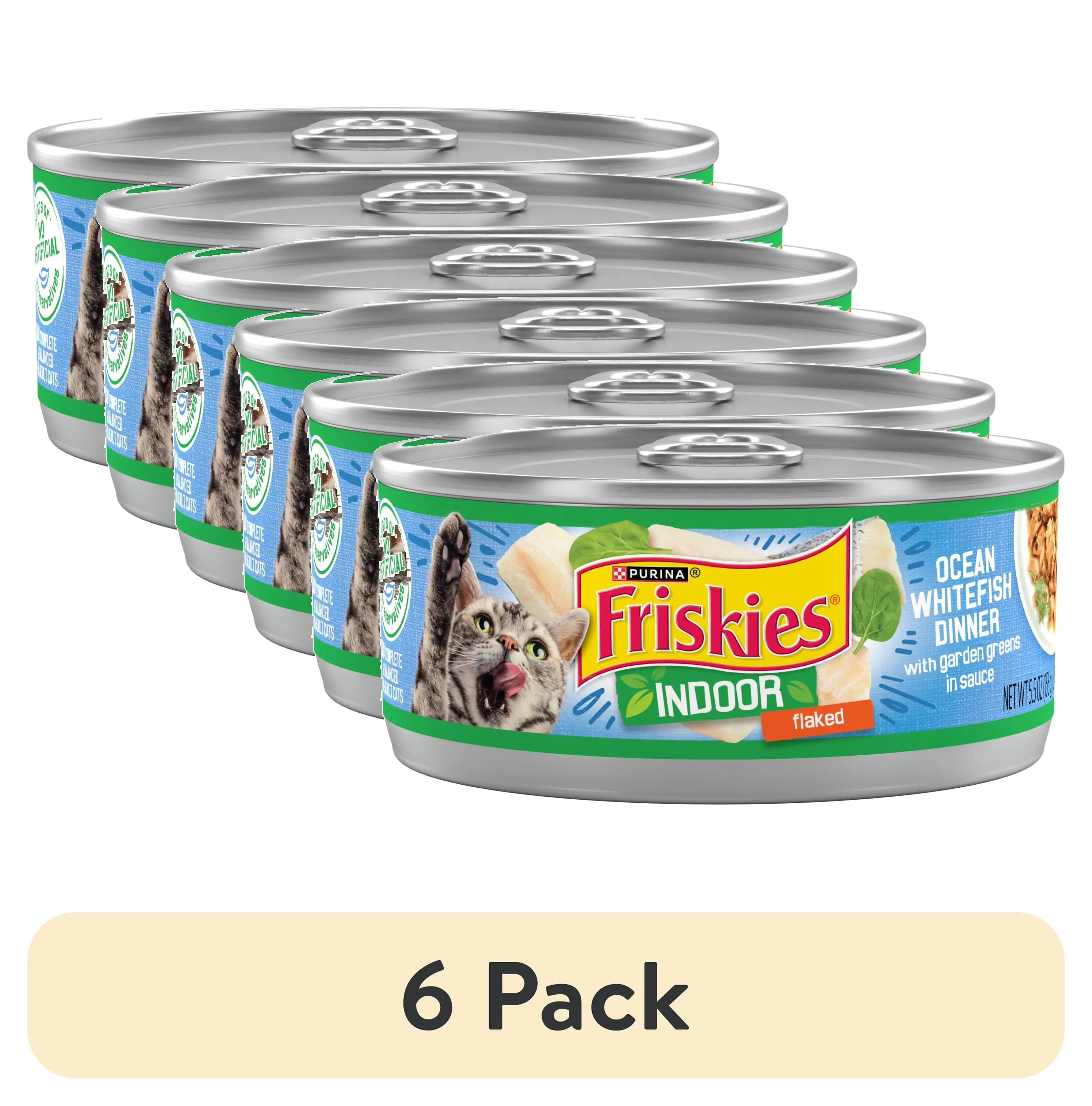 (6 pack) Purina Friskies Indoor, Flaked Ocean Whitefish Dinner, Wet Cat Food, 5.5 oz Can
