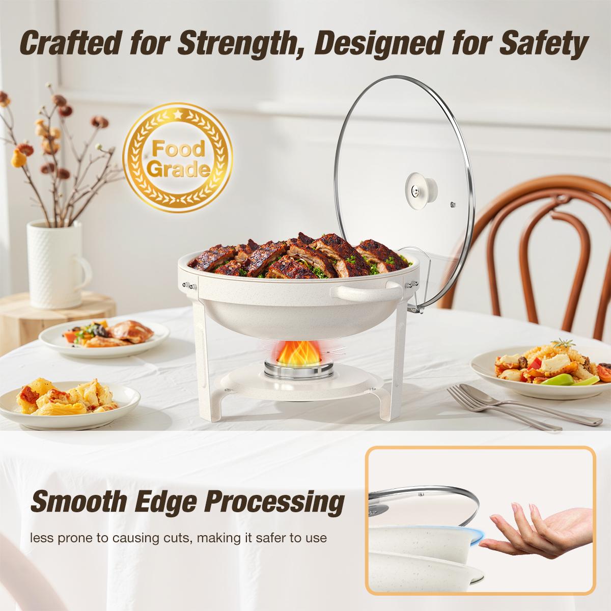 WARMOUNTS 5QT White Chafing Dishes for Buffet with Glass Lid 2/4 Pack, Maifanite-Coated Round Chafing Dish Set w/Mirror-Polished Stainless Steel Rolled Rim, Stackable, Lid Holder for Party, Wedding