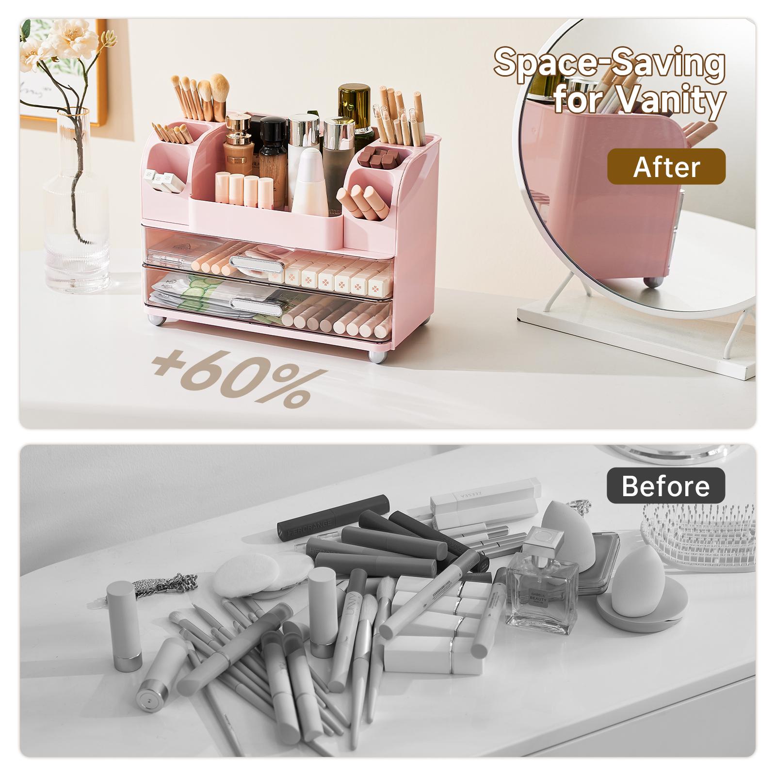 UFORU makeup organizer for Vanity with 2 Large Drawers, Cosmetic Display Case with Brush Holders, Easy to Storage for Bathroom Countertop Skincare, Desk Office Supplies,Pink Boxes Gift, jewelry organizer