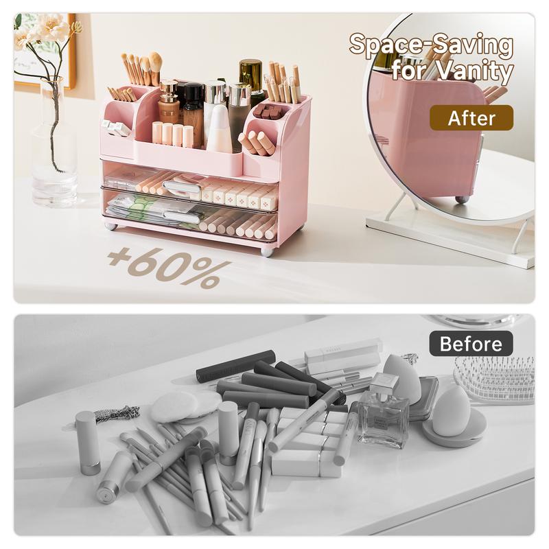 UFORU makeup organizer for Vanity with 2 Large Drawers, Cosmetic Display Case with Brush Holders, Easy to Storage for Bathroom Countertop Skincare, Desk Office Supplies,Pink Boxes Gift, jewelry organizer