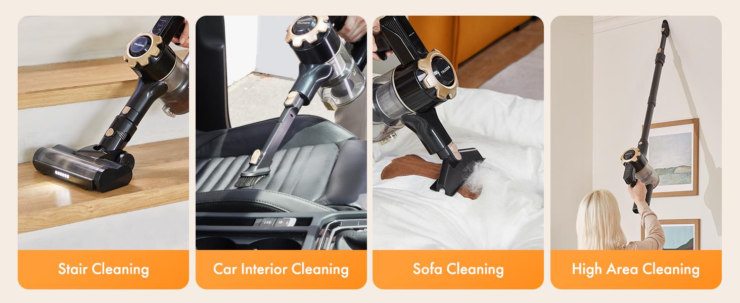 【 2026 newly upgraded】Trucozie T350 cordless vacuum features an 8-in-1 lightweight design with up to 45 minutes of runtime and 33Kpa of powerful suction. This rechargeable cordless vacuum is ideal for carpets, tiles, pet hair, and hardwood floors.