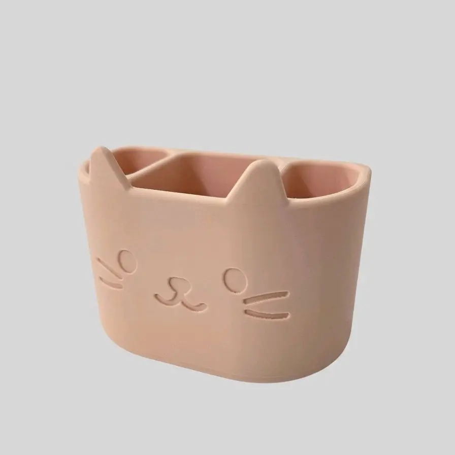 3-Compartment Cute Cat Toothbrush Holder with Drainage, Bathroom & Kids Desk Organizer, Multi-Functional Storage Cup for Toothbrushes & Pencils