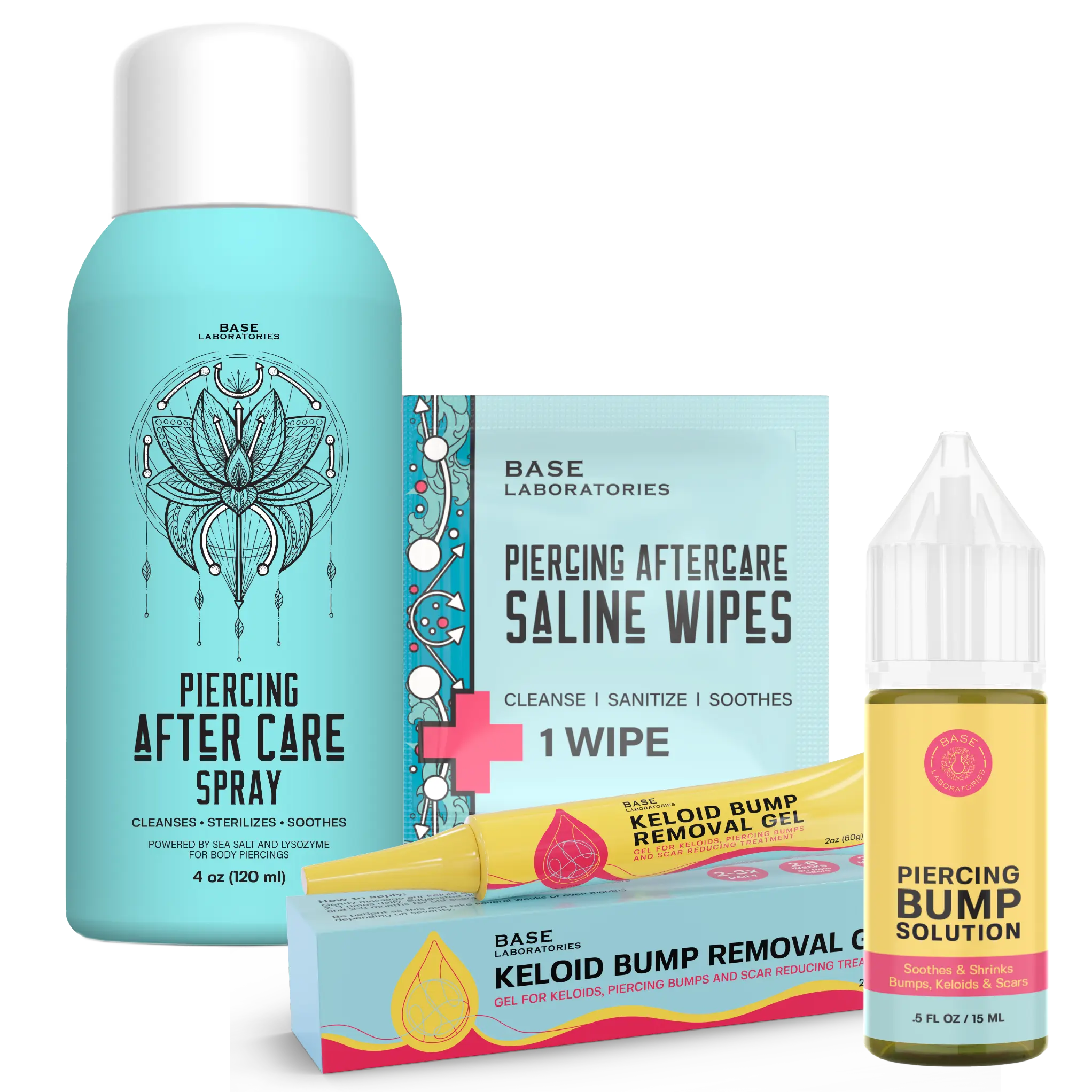 Base Laboratories Complete Piercing AfterCare Collection - Saline Hypochlorous Acid Spray, Bump Treatment Oil, Keloid Scar Care for Healthy Piercings | Natural Healthcare Remedies for Relief & Solution