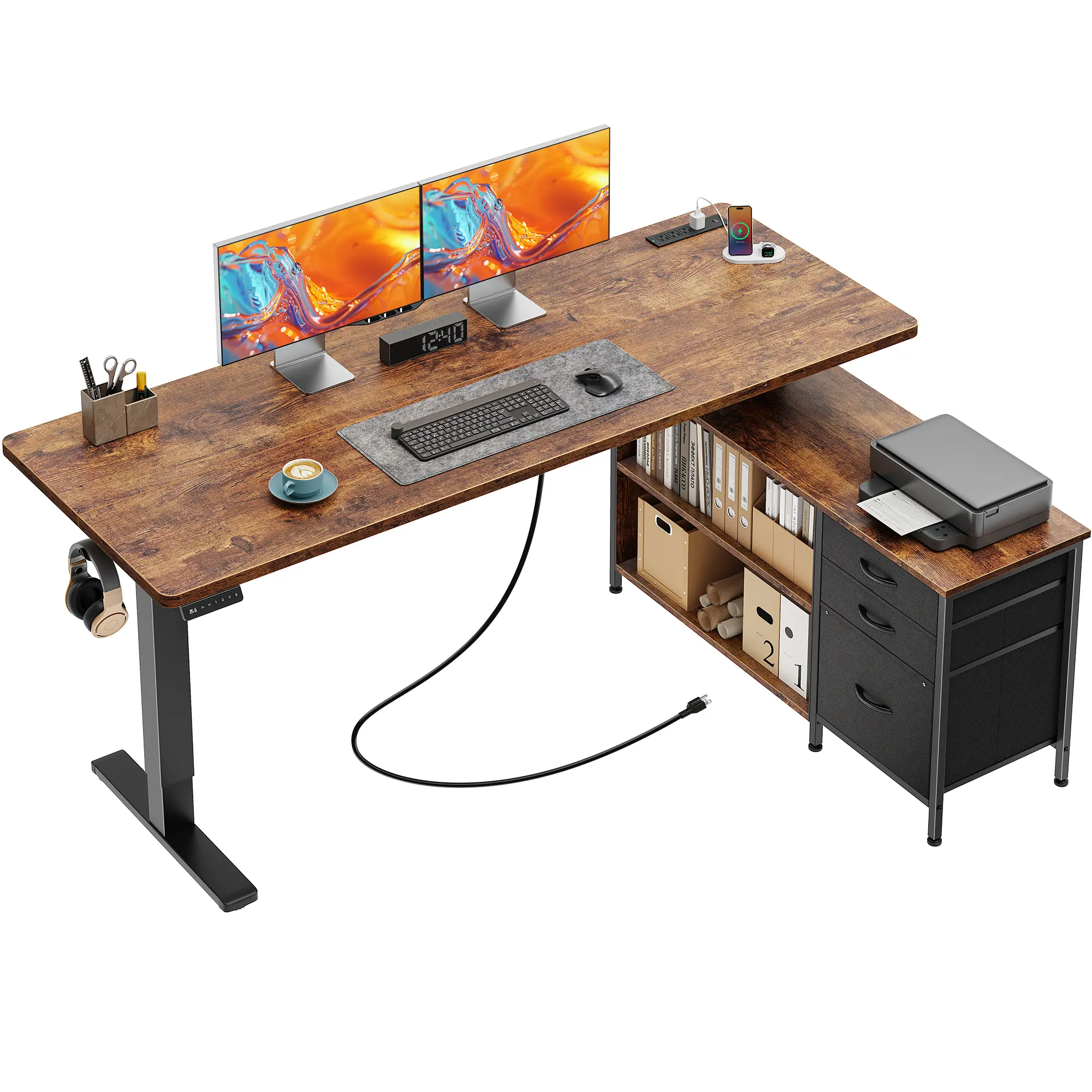PRAISUN 55.1'' L Standing Desk with Outlets, Cabinet with Shelves, Drawers Corner Office Computer Desk with USB-C, 28.3''-46.5'' Height Adjustable Work Gaming Desk, Shelves, 3 Drawers