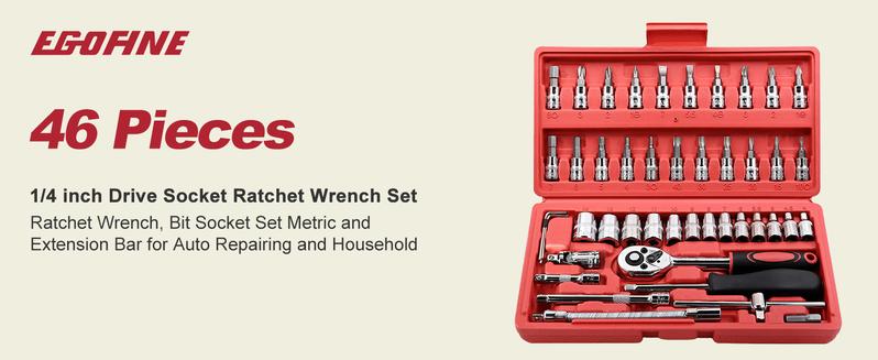 46 Pieces 1/4 inch Drive Socket Ratchet Wrench Set, with Bit Socket Set Metric and Extension Bar for Auto Repairing and Household, with Storage Case