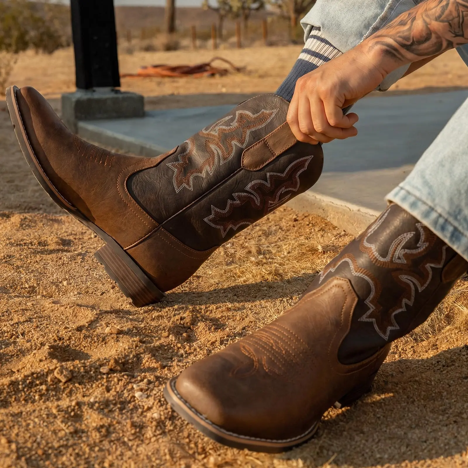 【Rodeo Boots】Men's Two-Tone Western Cowboy Boots - Brown & Dark Brown Faux Leather with Contrast Embroidery, Square Toe & Block Heel | Trendy Country, Casual & Rodeo Footwear for TikTok Fashion-Forward Guys