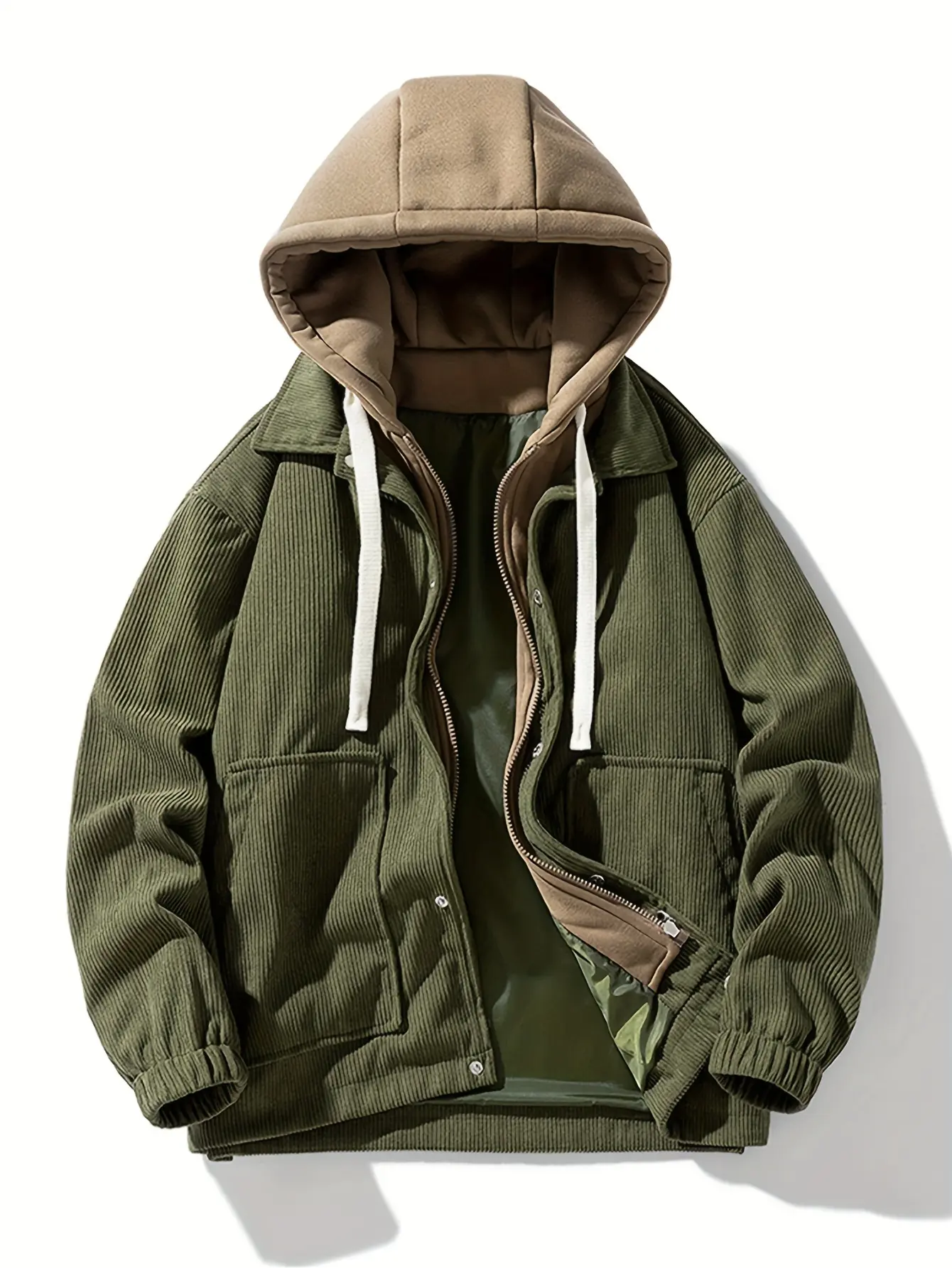 Men’s Vintage Minimalist Colorblock Corduroy Jacket - Faux-Piece Hooded Loose-Fit Autumn/Winter Workwear with Pockets, Casual Versatile Top for Young People