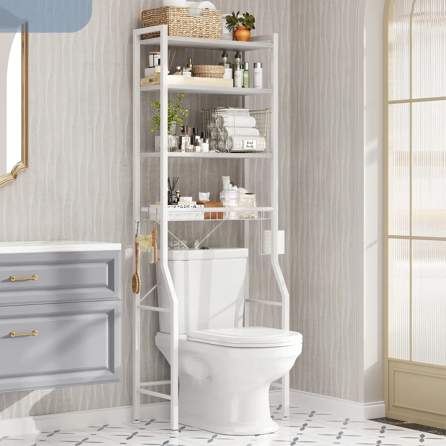 68-in Iron Freestanding Over-The-Toilet Bathroom Storage Shelf - With Toilet Paper Holder, Hooks, Easy Assembly, Geometric Design, Customizable Storage Clearance, Bathroom Organizing Accessories for Balcony Use, Easy Cleanup