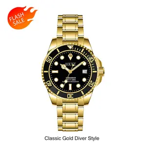Luxury Men's Gold Watch | 'Prestige' Black Dial Diver Style Timepiece | Stainless Steel Luminous Quartz