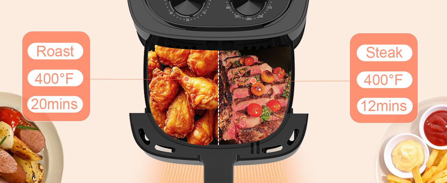 OSTBA 2.5QT/4.5QT Air Fryer for 1–2 People, Small Air Fryer with 6 Menu Options, Dual Knob Manual Temp & Timer, 3D Rapid Air Circulation, Nonstick & Dishwasher Safe Basket, Oil-Free Healthy Cooking
