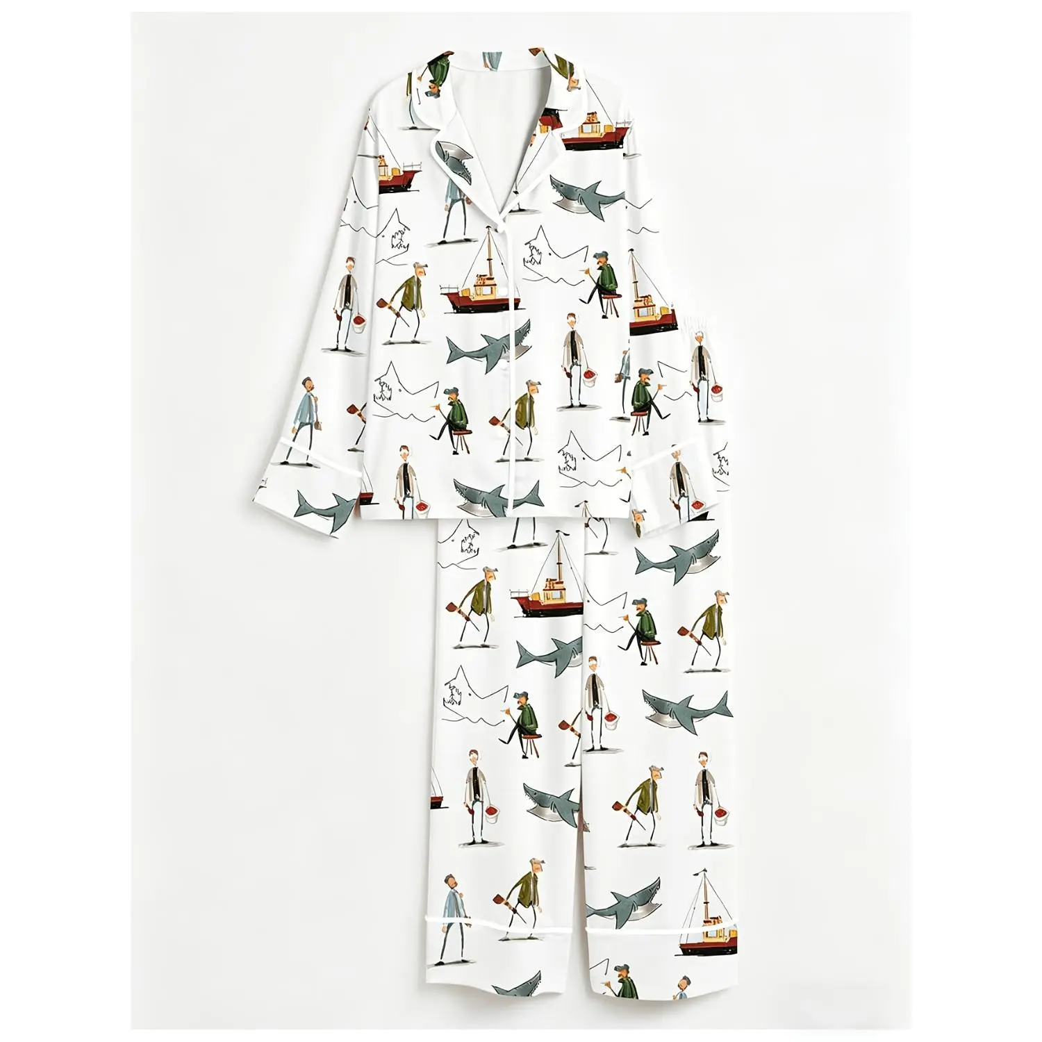 Women's Nautical Blue Shark Fisherman Print Long-Sleeve Pajama Set
