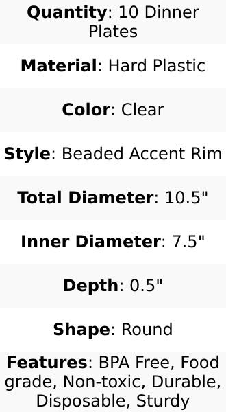 10-Pack Plastic Round Dinner Plates 10" Clear with Beaded Rim - Disposable Party Plates