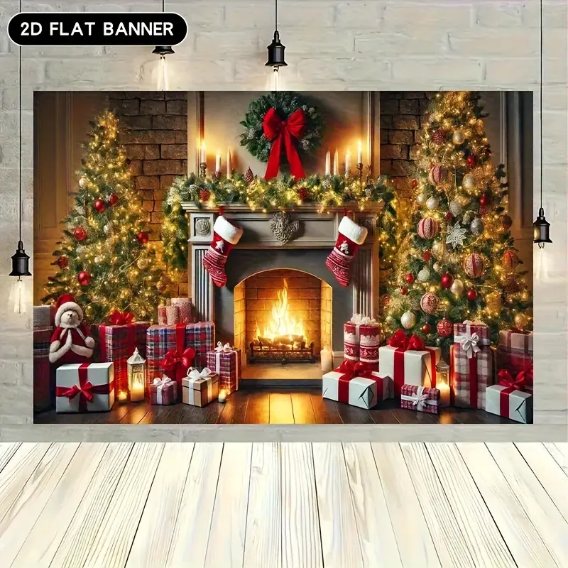 Large Christmas Photography Backdrop, Vintage Fireplace & Tree Scene with Gifts, Easy Hanging, Durable Polyester Fiber, Indoor Outdoor Use, Indoor Backdrops