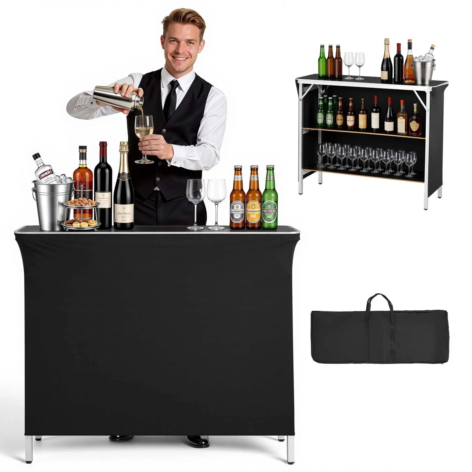 【SummerFinds】VEVOR Foldable Portable Bar Table, 43.3x15.2x34.8in Reinforced Stable Aluminium Frame, Fabric Skirt, Carrying Bag, 2 Storage Shelves, Quick Setup, Mobile Bartending Station for Parties & Gatherings, Trade Shows