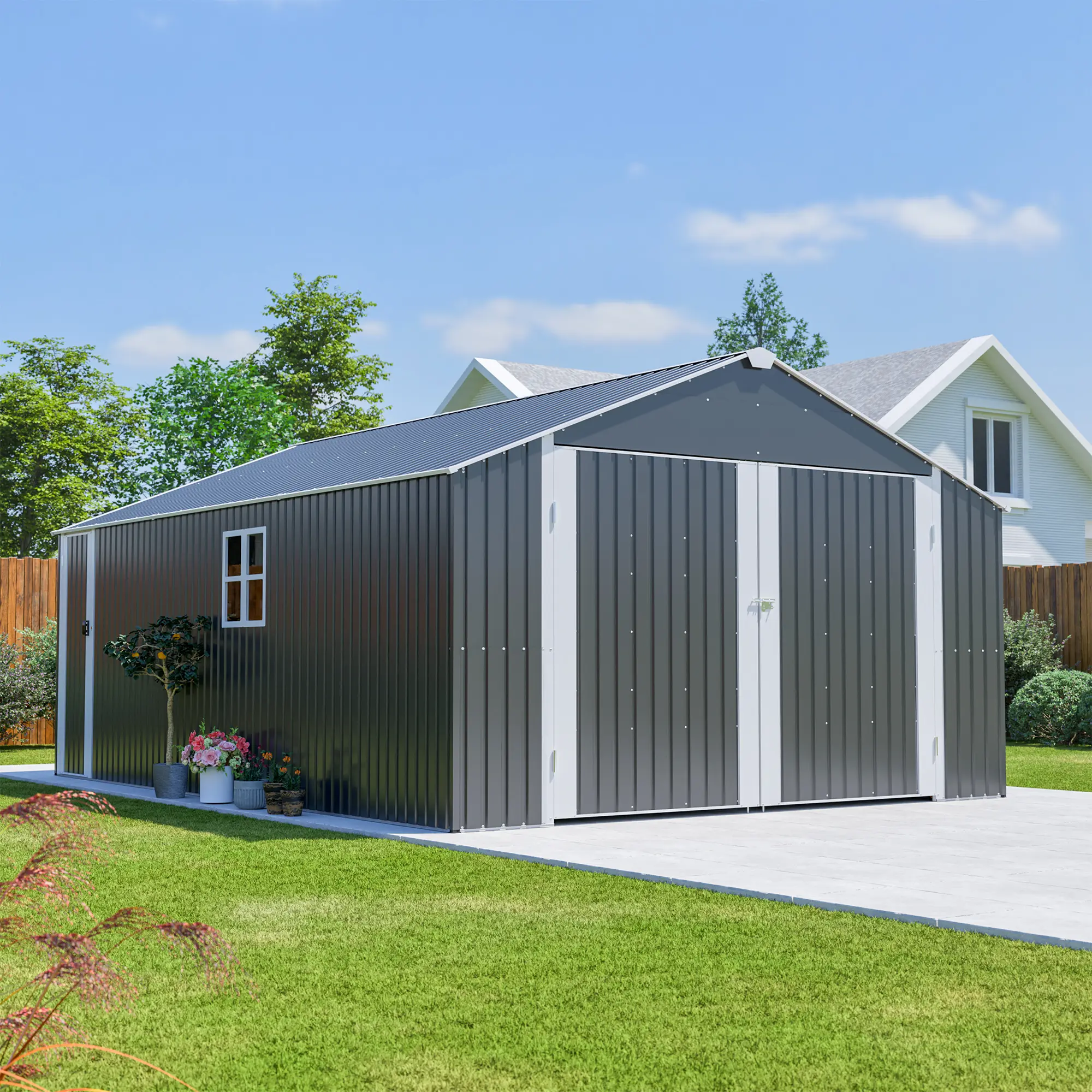 12x20 FT Heavy Duty Outdoor Metal Garage Shed, 1810 Cubic Feet Spacious Capacity, Durable Steel Construction with Double Doors, All-Weather Protection for Secure Vehicle Storage, Backyard Workshop, Equipment Shelter