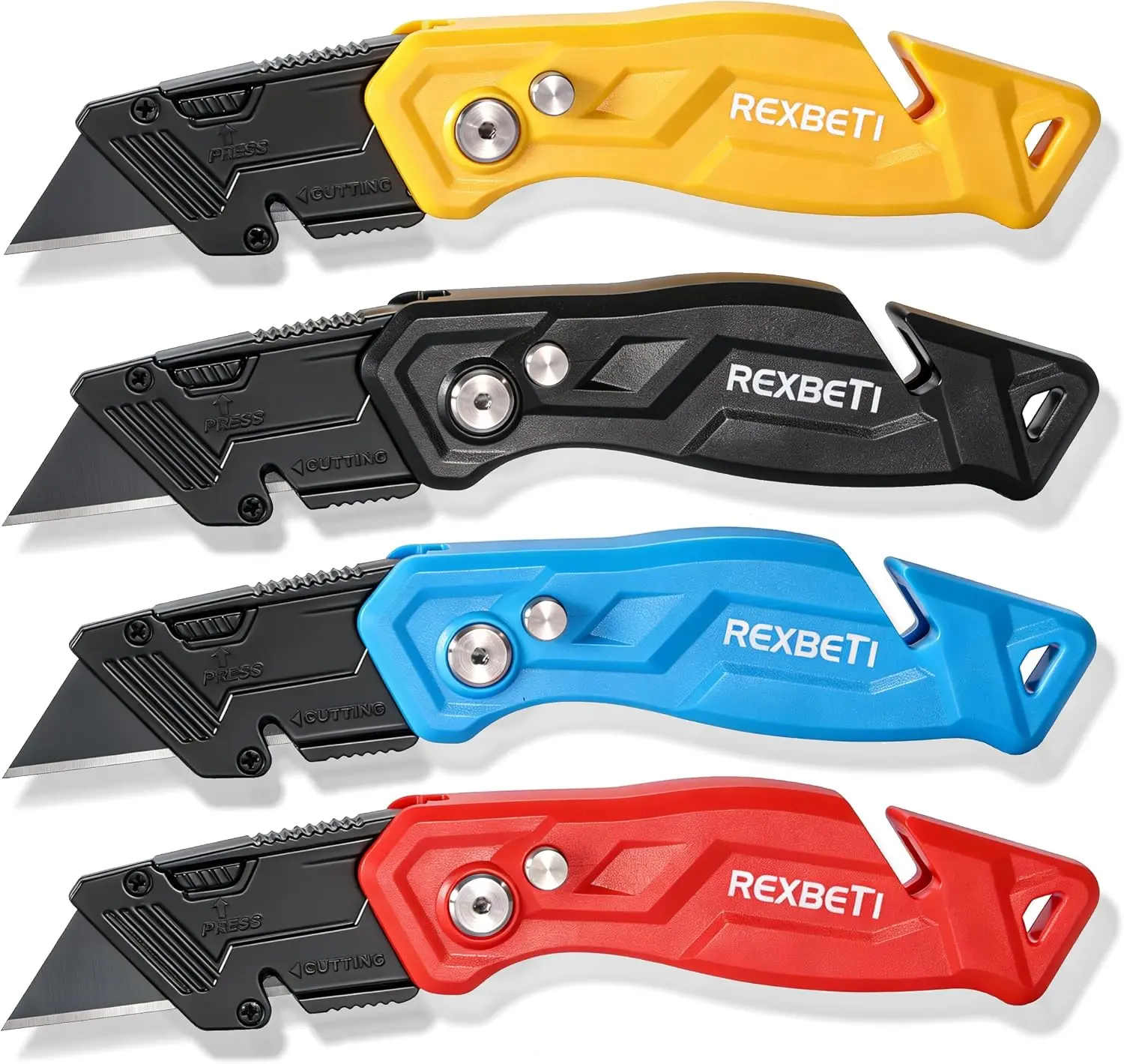 REXBETI 4-Pack Box Cutter Utility Knife, Folding Pocket Knife, 14 Blades | SK2 Black-Coated Anti-Rust Blades, Quick-Change Design, Safety Lock, One-Hand Operation, Folding Design for Cartons and DIY