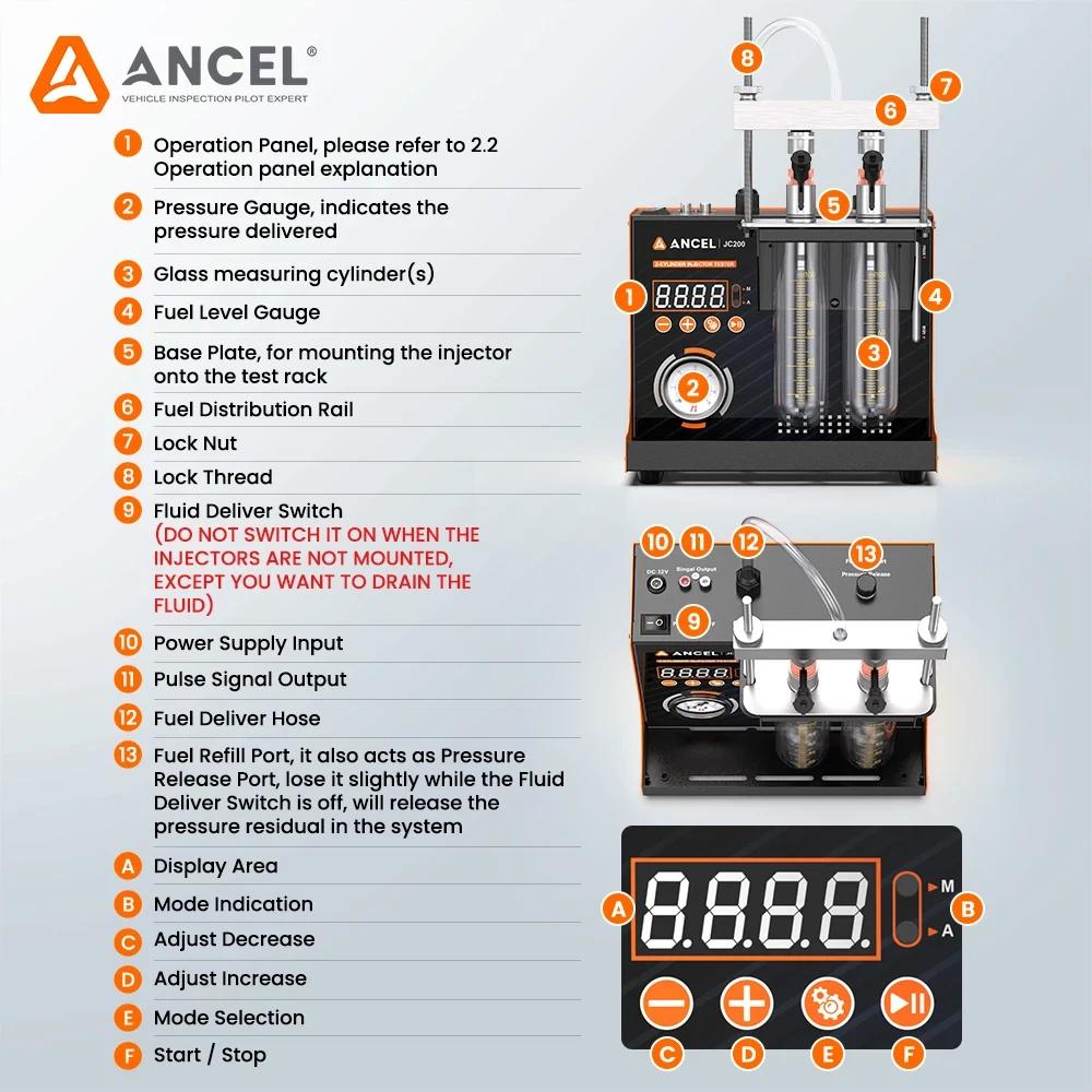 ANCEL JC200 2-Cylinder Injector Cleaner Tester Machine for Car & Motorcycles, Pressure Adjustment Built-in Air Pump 12V Auto Motocycle Tester Tools