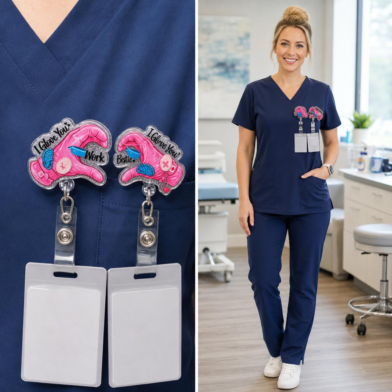 Work Bestie Badge Reel Set, Matching Glove Heart Acrylic Badge Holder with Retractable Clip for Nurses and CNAs